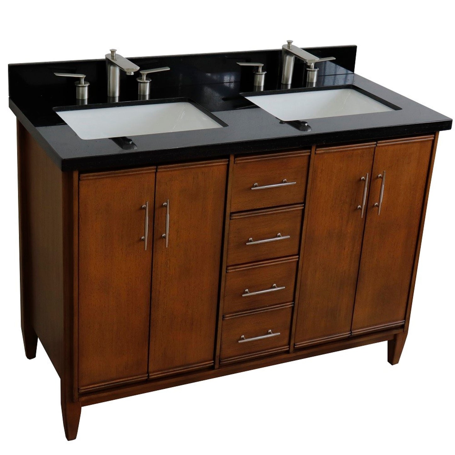 49" Double sink vanity in Walnut finish with Black galaxy granite and rectangle sink