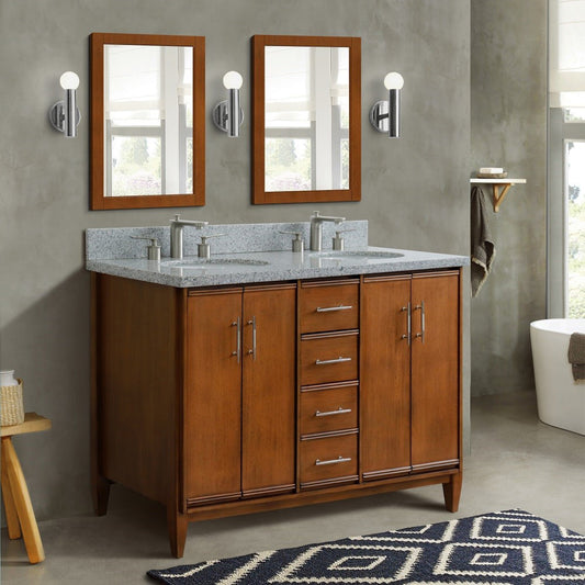 49" Double sink vanity in Walnut finish with Gray granite and oval sink