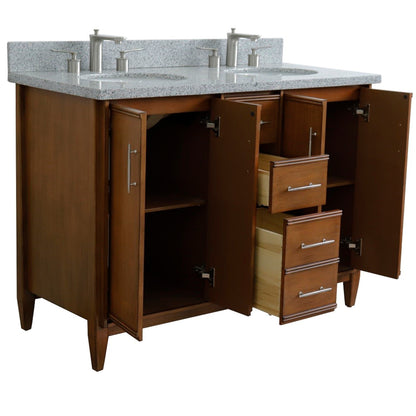 49" Double sink vanity in Walnut finish with Gray granite and oval sink