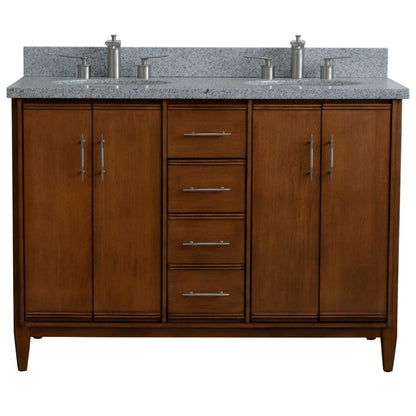 49" Double sink vanity in Walnut finish with Gray granite and oval sink