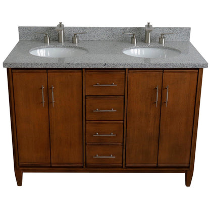 49" Double sink vanity in Walnut finish with Gray granite and oval sink