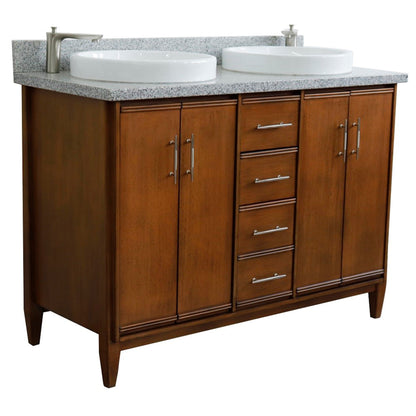 49" Double sink vanity in Walnut finish with Gray granite and round sink