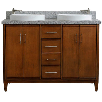 49" Double sink vanity in Walnut finish with Gray granite and round sink