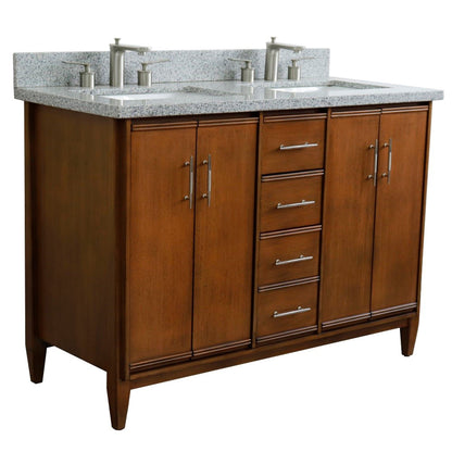 49" Double sink vanity in Walnut finish with Gray granite and rectangle sink