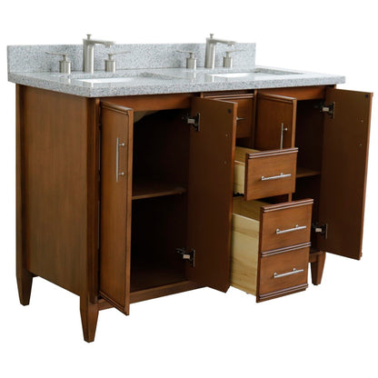 49" Double sink vanity in Walnut finish with Gray granite and rectangle sink
