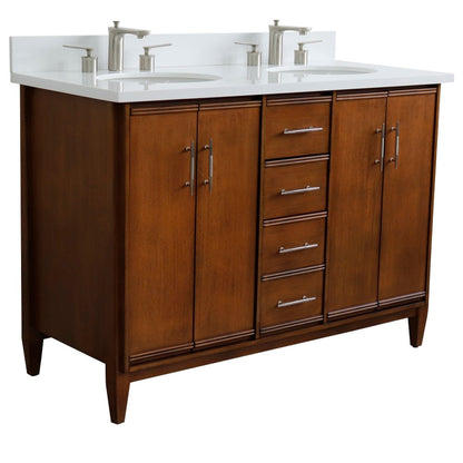 49" Double sink vanity in Walnut finish with White engineered stone and oval sink