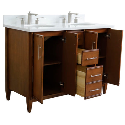 49" Double sink vanity in Walnut finish with White engineered stone and oval sink