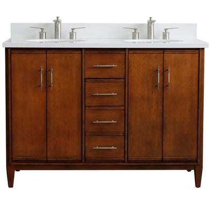 49" Double sink vanity in Walnut finish with White engineered stone and oval sink