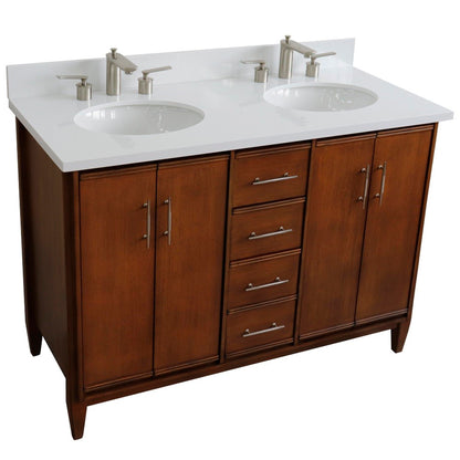 49" Double sink vanity in Walnut finish with White engineered stone and oval sink
