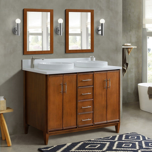 49" Double sink vanity in Walnut finish with White engineered stone and round sink