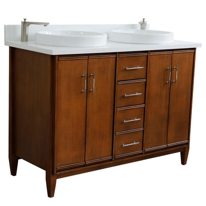 49" Double sink vanity in Walnut finish with White engineered stone and round sink