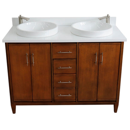49" Double sink vanity in Walnut finish with White engineered stone and round sink