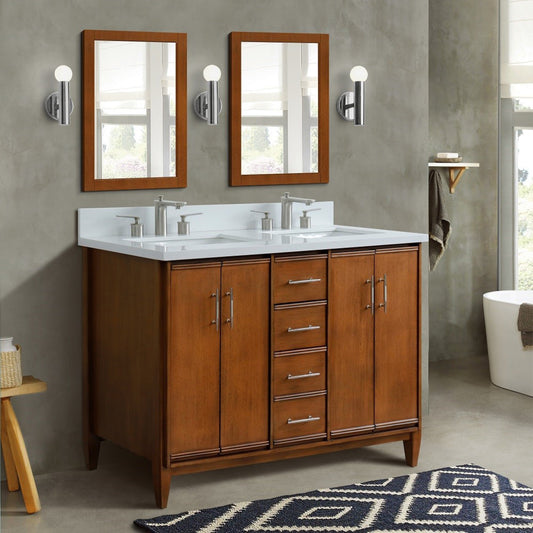 49" Double sink vanity in Walnut finish with White engineered stone and rectangle sink