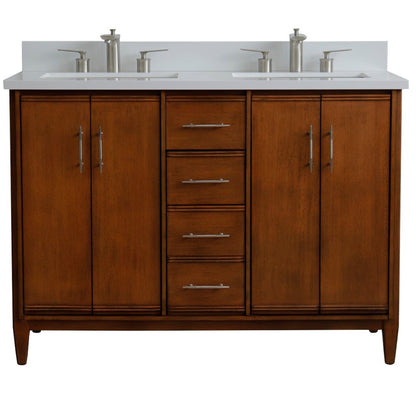 49" Double sink vanity in Walnut finish with White engineered stone and rectangle sink