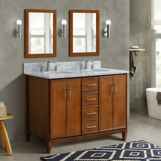 49" Double sink vanity in Walnut finish with White Carrara marble and oval sink