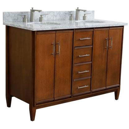 49" Double sink vanity in Walnut finish with White Carrara marble and oval sink