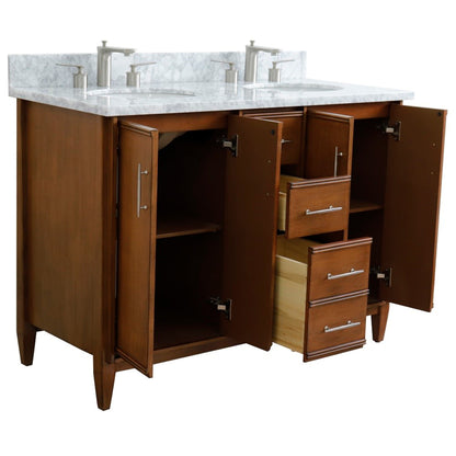 49" Double sink vanity in Walnut finish with White Carrara marble and oval sink