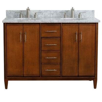 49" Double sink vanity in Walnut finish with White Carrara marble and oval sink