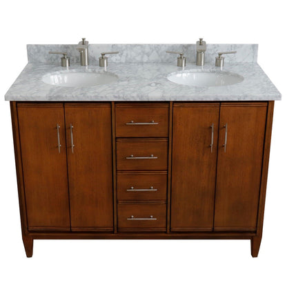 49" Double sink vanity in Walnut finish with White Carrara marble and oval sink