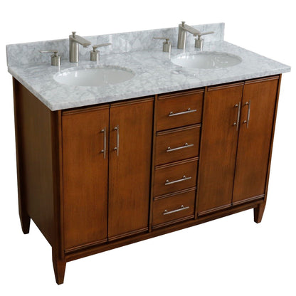 49" Double sink vanity in Walnut finish with White Carrara marble and oval sink