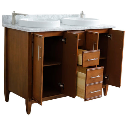 49" Double sink vanity in Walnut finish with White Carrara marble and round sink