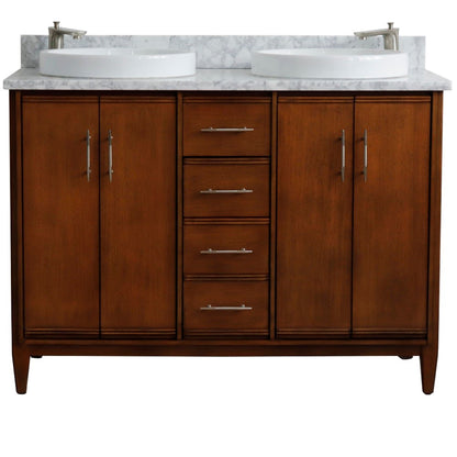 49" Double sink vanity in Walnut finish with White Carrara marble and round sink