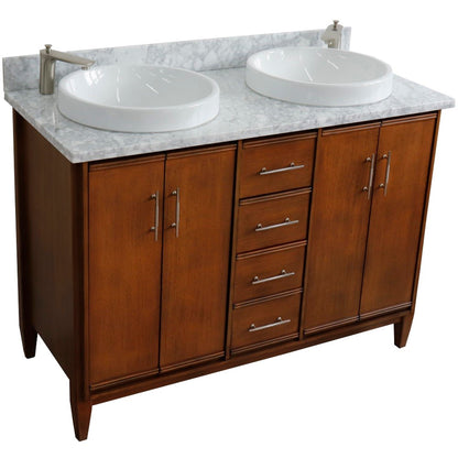 49" Double sink vanity in Walnut finish with White Carrara marble and round sink