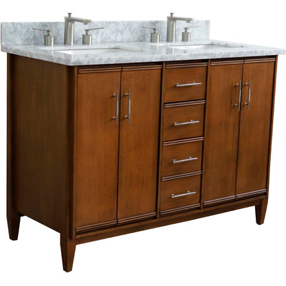 49" Double sink vanity in Walnut finish with White Carrara marble and rectangle sink