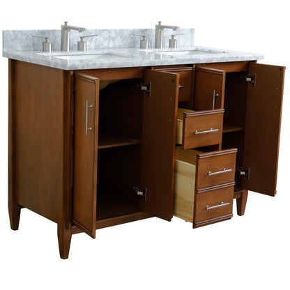 49" Double sink vanity in Walnut finish with White Carrara marble and rectangle sink