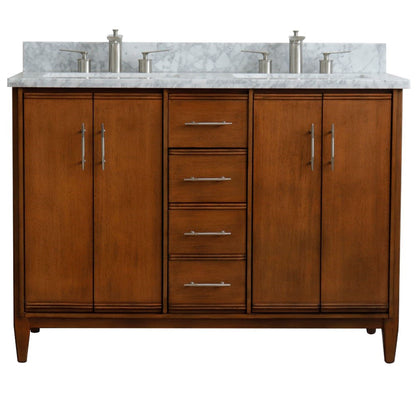 49" Double sink vanity in Walnut finish with White Carrara marble and rectangle sink