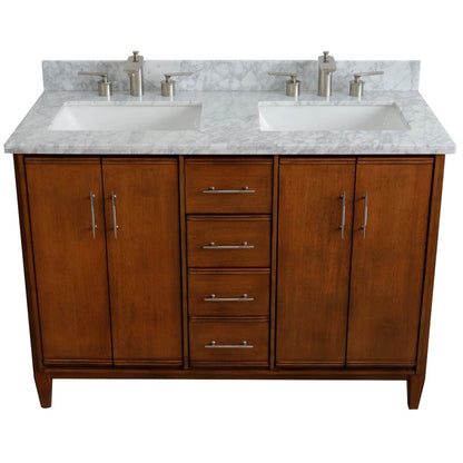 49" Double sink vanity in Walnut finish with White Carrara marble and rectangle sink