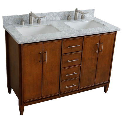49" Double sink vanity in Walnut finish with White Carrara marble and rectangle sink