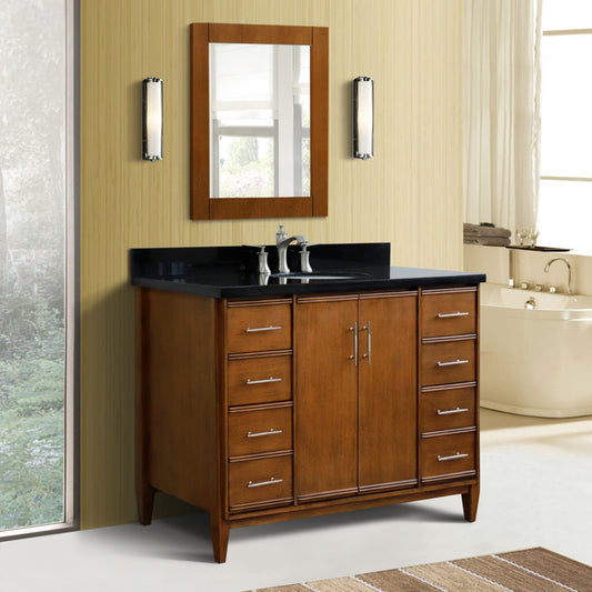 49" Single sink vanity in Walnut finish with Black galaxy granite and oval sink