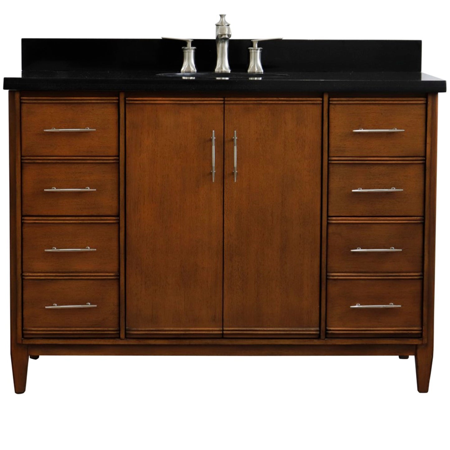 49" Single sink vanity in Walnut finish with Black galaxy granite and oval sink