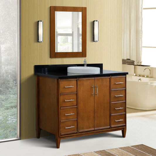 49" Single sink vanity in Walnut finish with Black galaxy granite and round sink