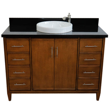49" Single sink vanity in Walnut finish with Black galaxy granite and round sink