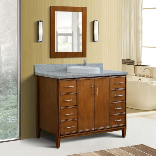 49" Single sink vanity in Walnut finish with Gray granite and round sink