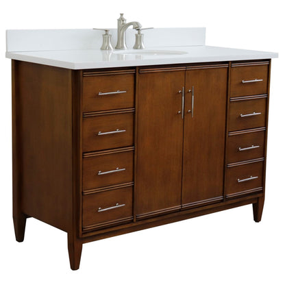 49" Single sink vanity in Walnut finish with White engineered stone and oval sink