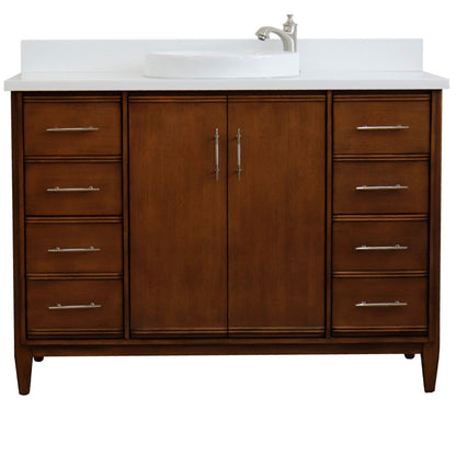 49" Single sink vanity in Walnut finish with White engineered stone and round sink