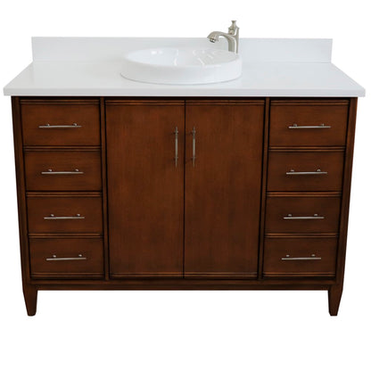 49" Single sink vanity in Walnut finish with White engineered stone and round sink