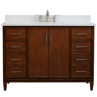 49" Single sink vanity in Walnut finish with White engineered stone and rectangle sink