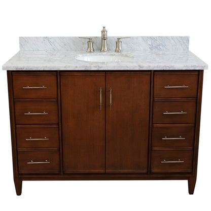 49" Single sink vanity in Walnut finish with White Carrara marble and oval sink