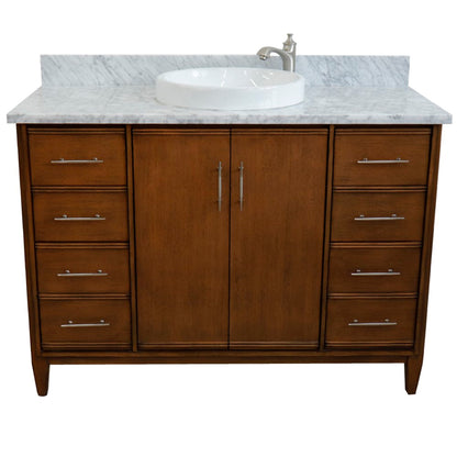 49" Single sink vanity in Walnut finish with White Carrara marble and round sink