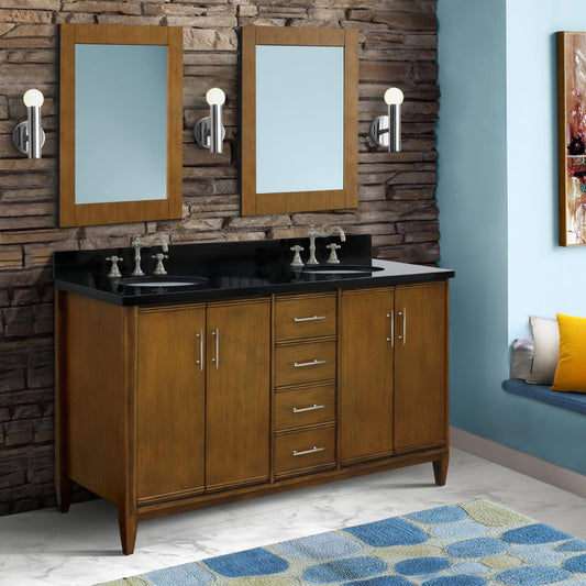61" Double sink vanity in Walnut finish with Black galaxy granite and oval sink