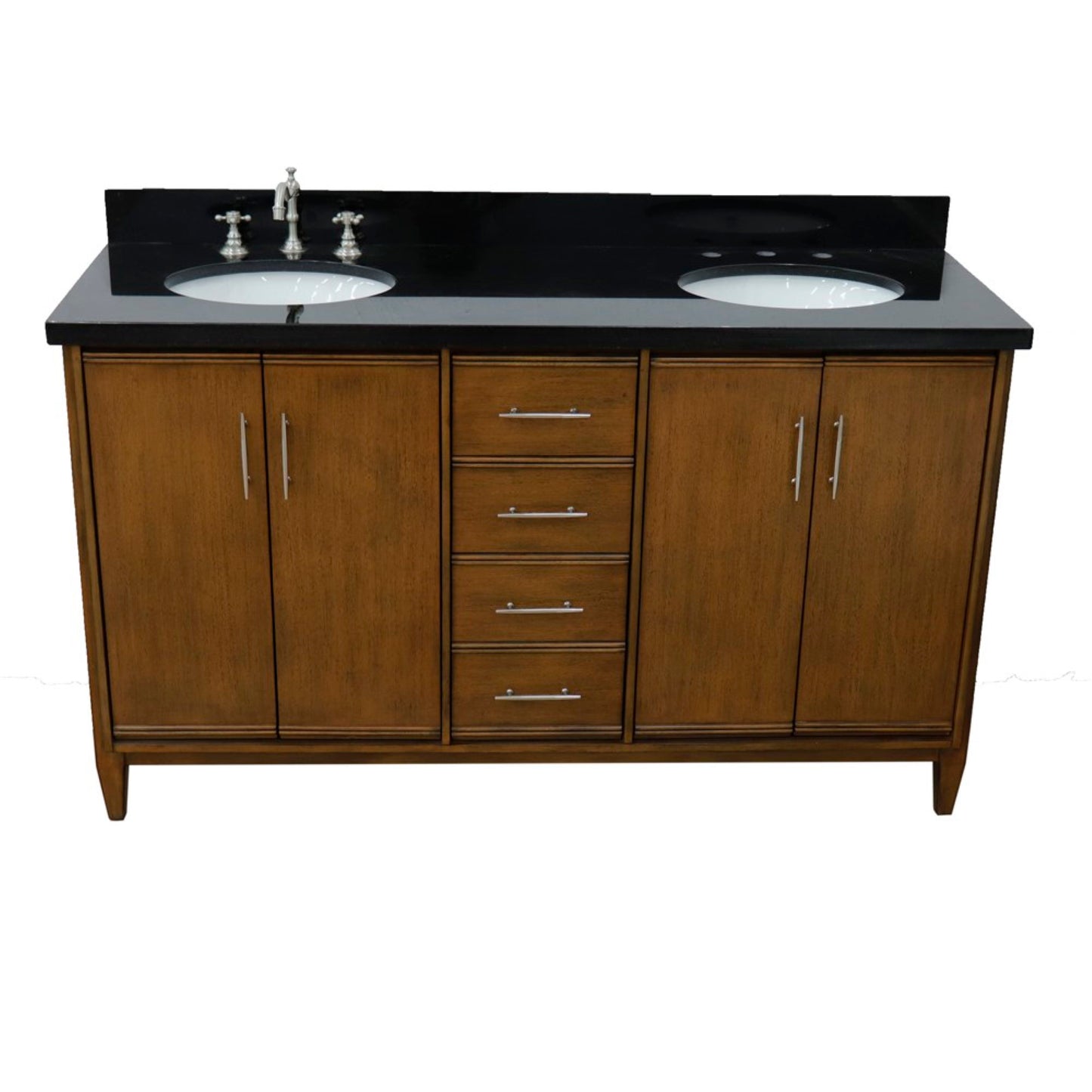 61" Double sink vanity in Walnut finish with Black galaxy granite and oval sink