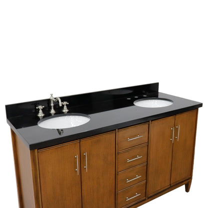 61" Double sink vanity in Walnut finish with Black galaxy granite and oval sink