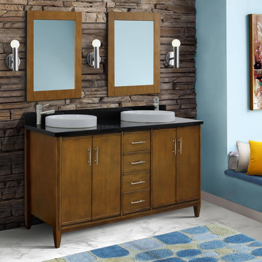 61" Double sink vanity in Walnut finish with Black galaxy granite and round sink
