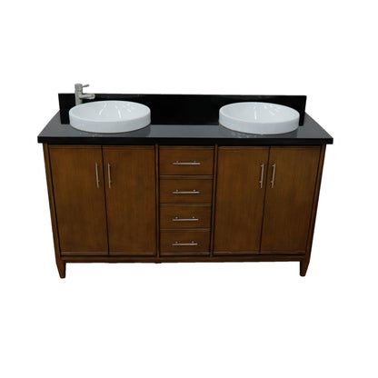 61" Double sink vanity in Walnut finish with Black galaxy granite and round sink