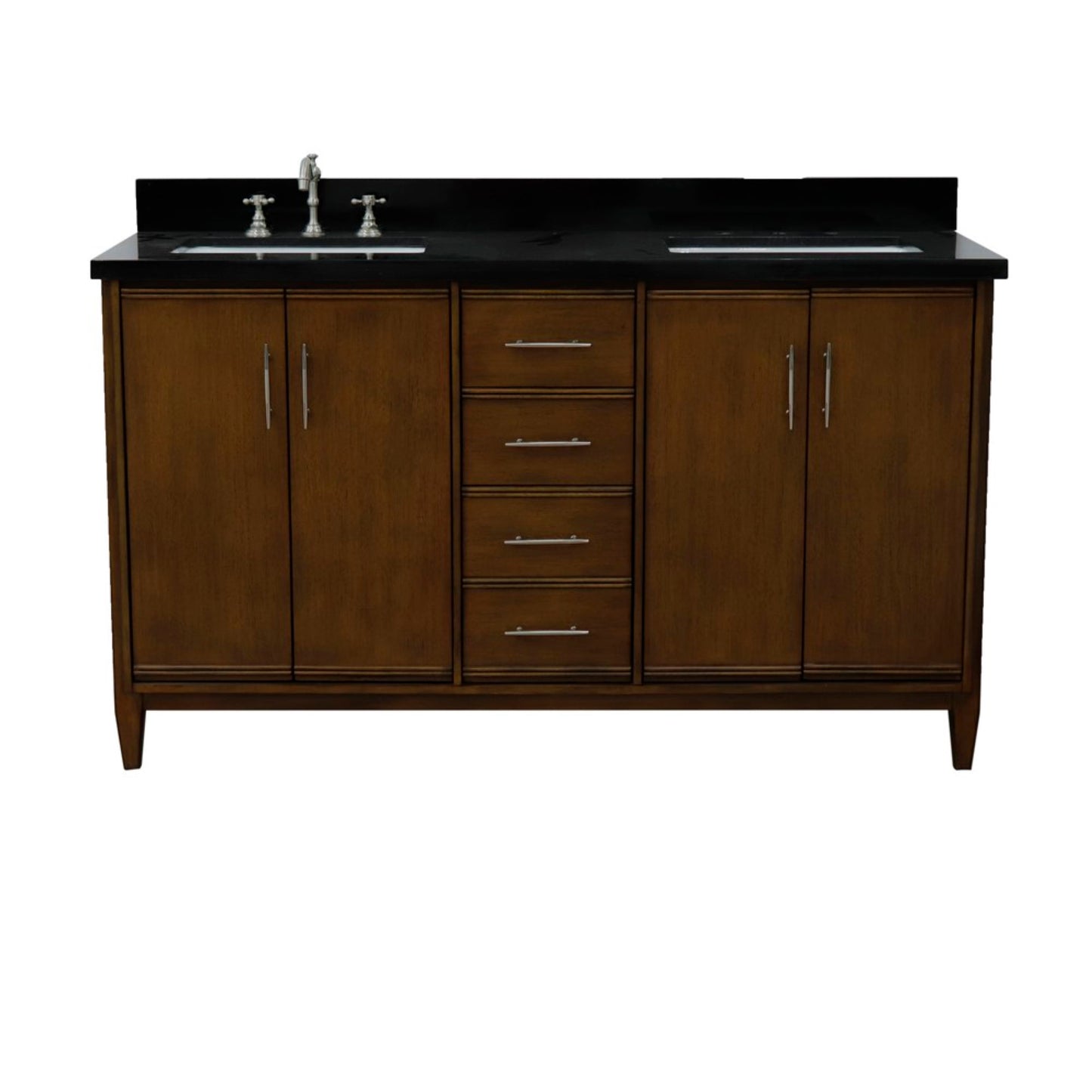 61" Double sink vanity in Walnut finish with Black galaxy granite and rectangle sink