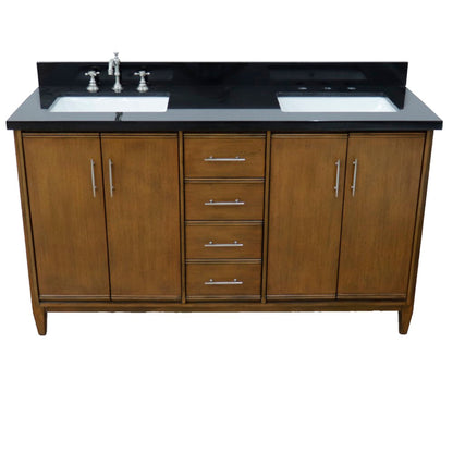61" Double sink vanity in Walnut finish with Black galaxy granite and rectangle sink